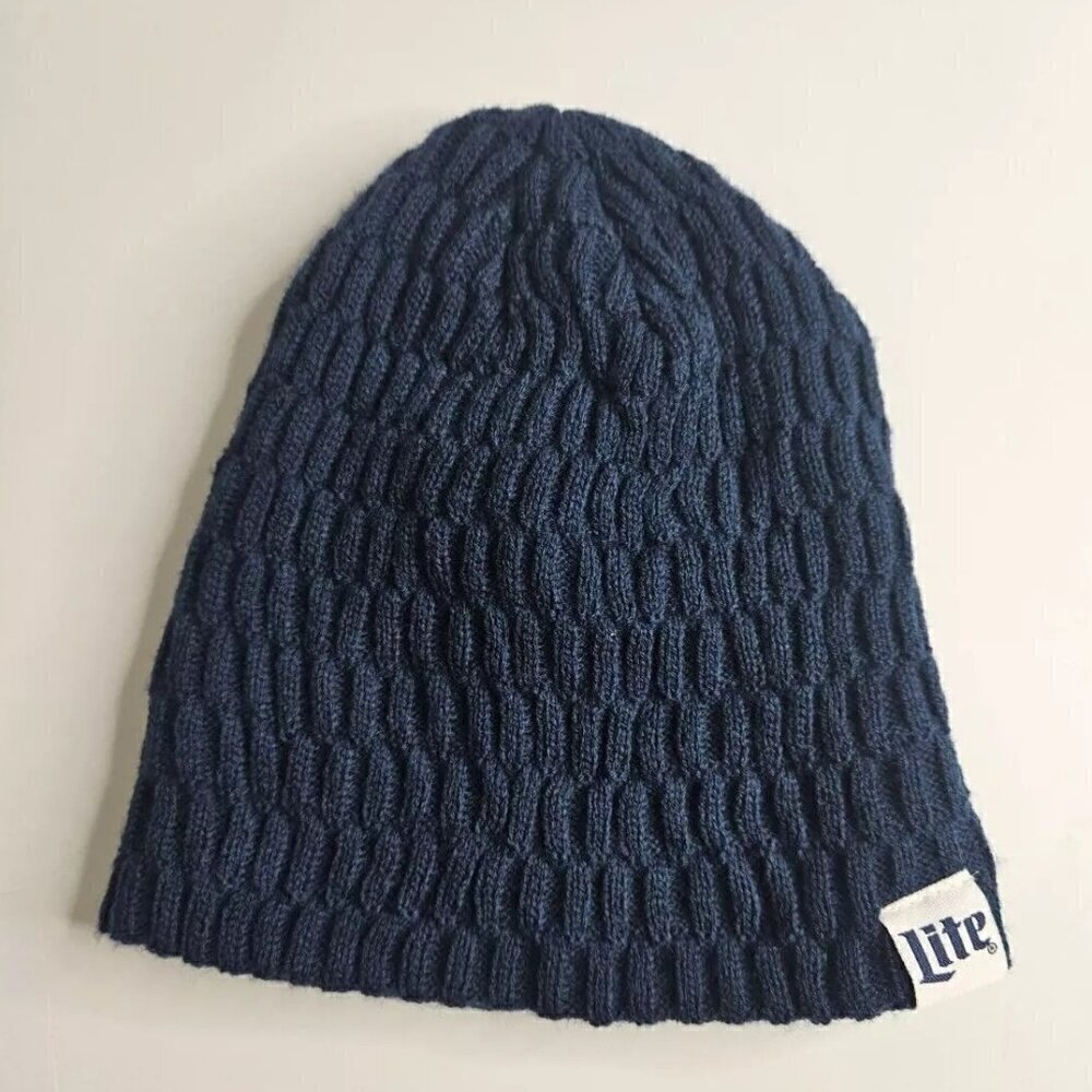 Miller Lite Beer Beanie Mens One Size Blue Hat Winter Knit Brewing Party Adult